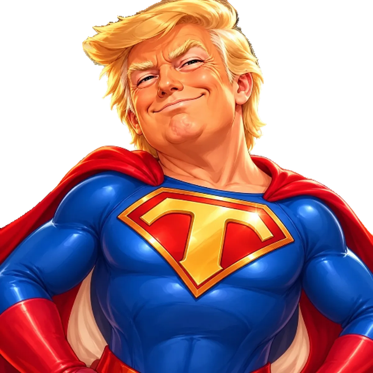 Trump Super Model in a blue suit with a red cape and a gold T crest, hands on hips, smirking
