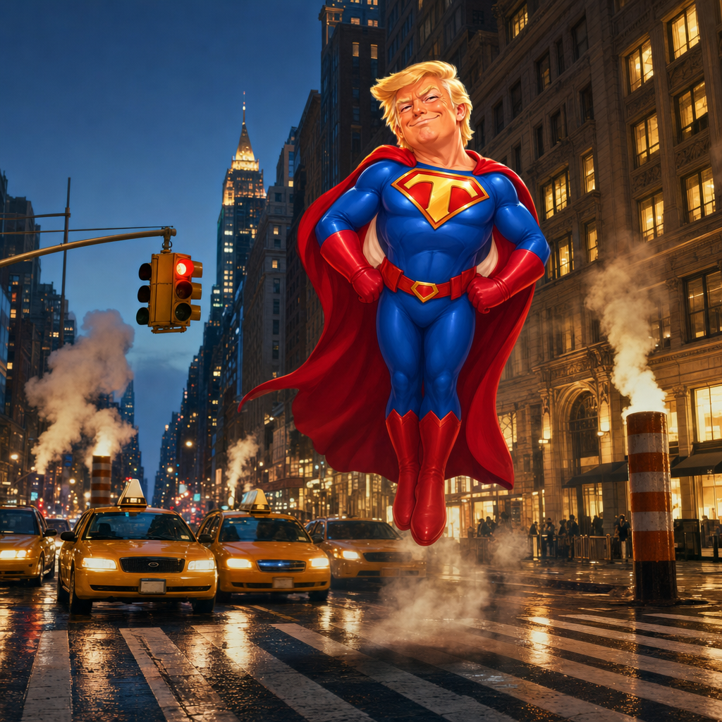 Trump Super Model hovering above a wet Fifth Avenue crosswalk at dusk, yellow taxis and steam stacks below